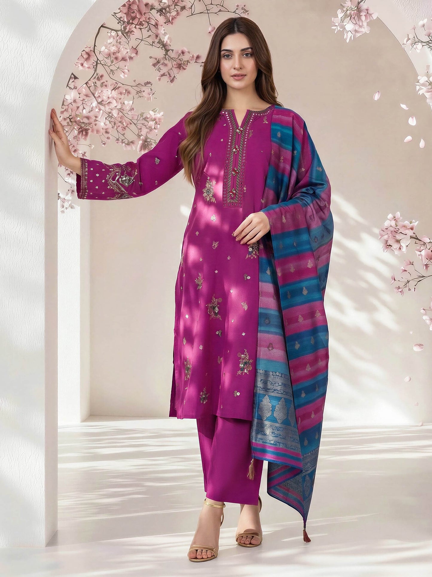 3 Piece Oak Silk Suit- Embroidered (Pret)