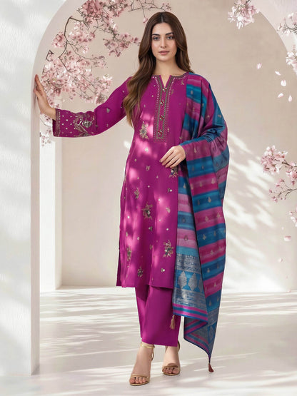 3 Piece Oak Silk Suit- Embroidered (Pret)
