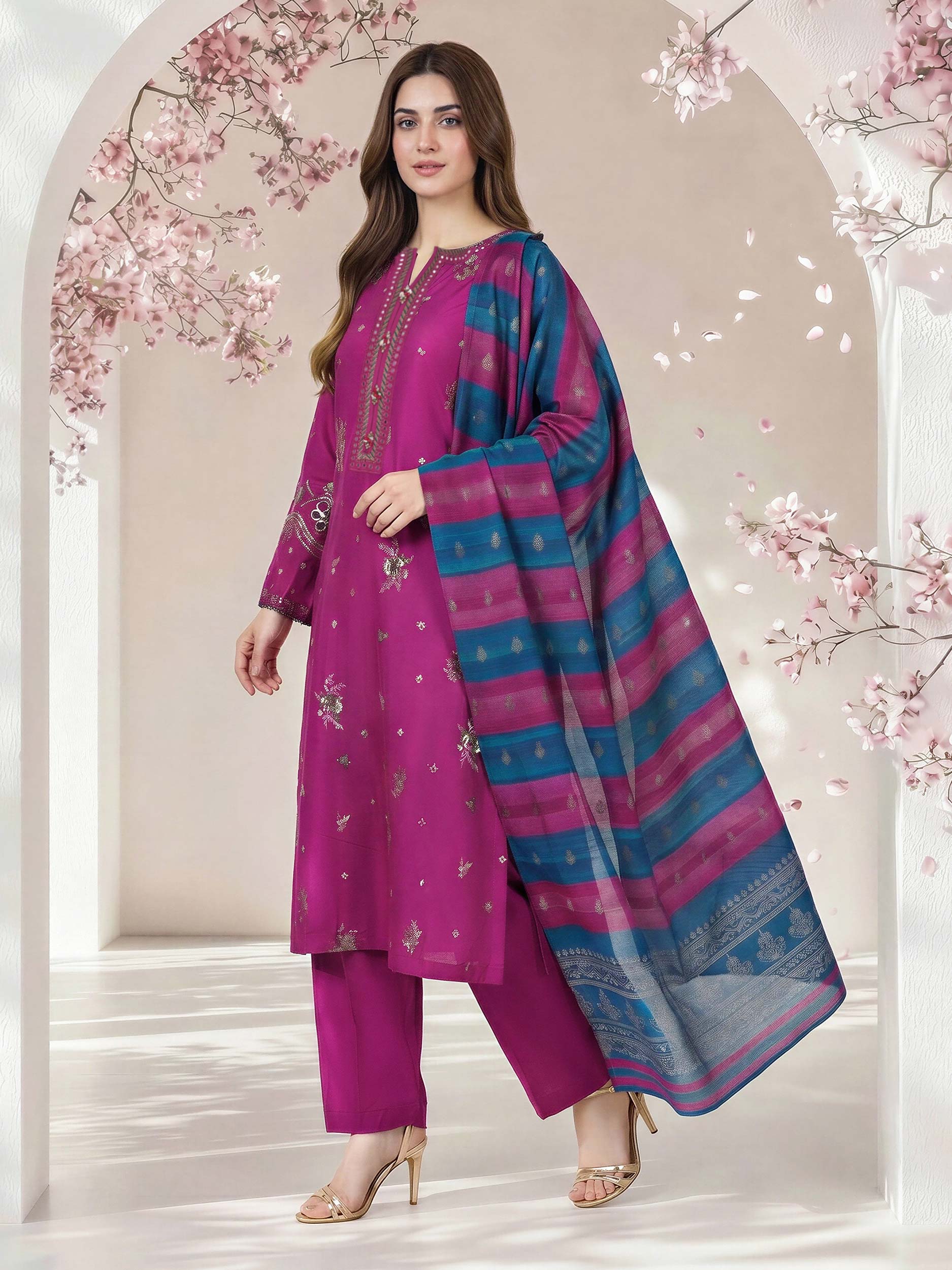 3 Piece Oak Silk Suit- Embroidered (Pret)