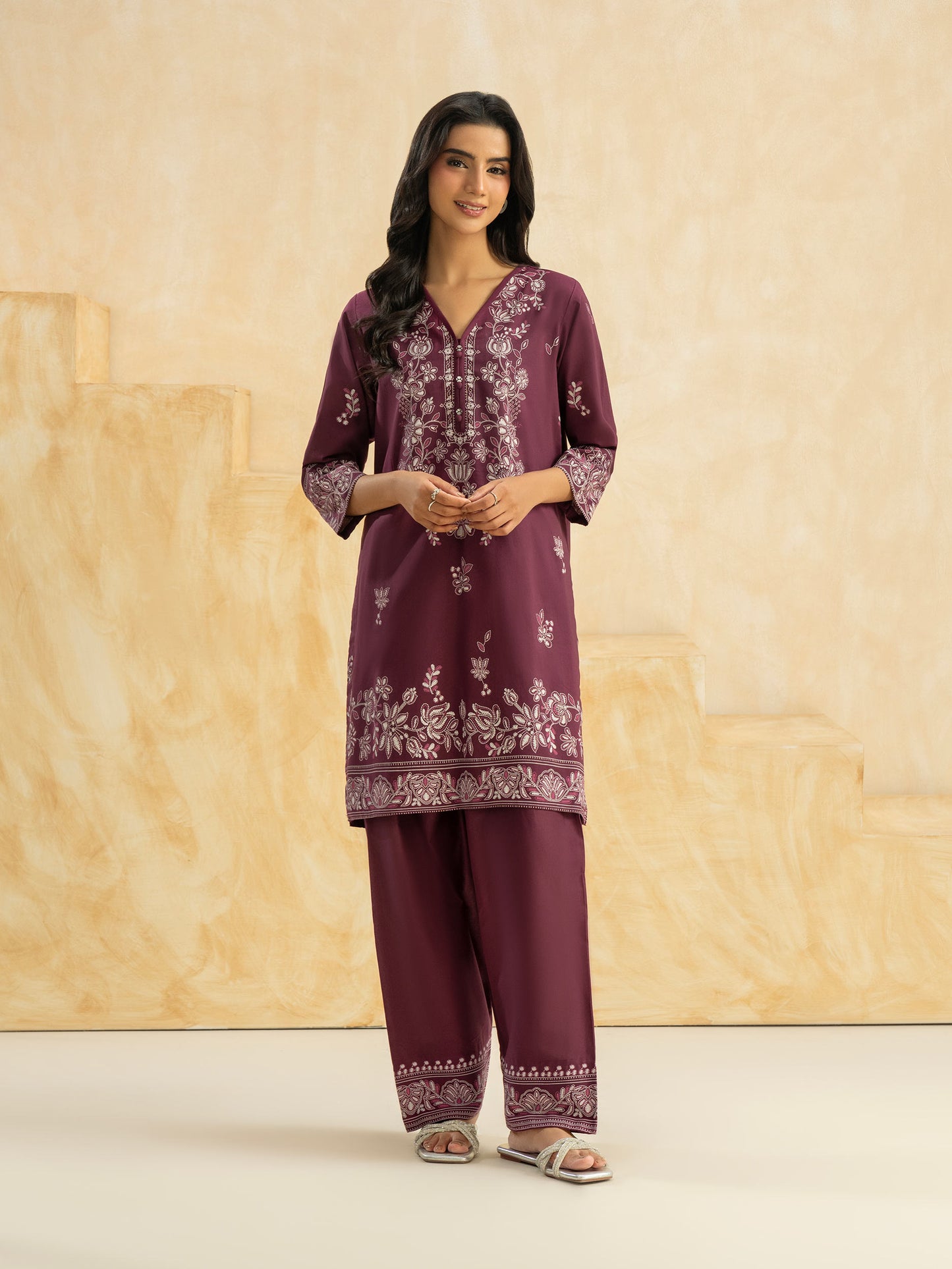 2 Piece Cambric Suit-Paste Print (Pret)