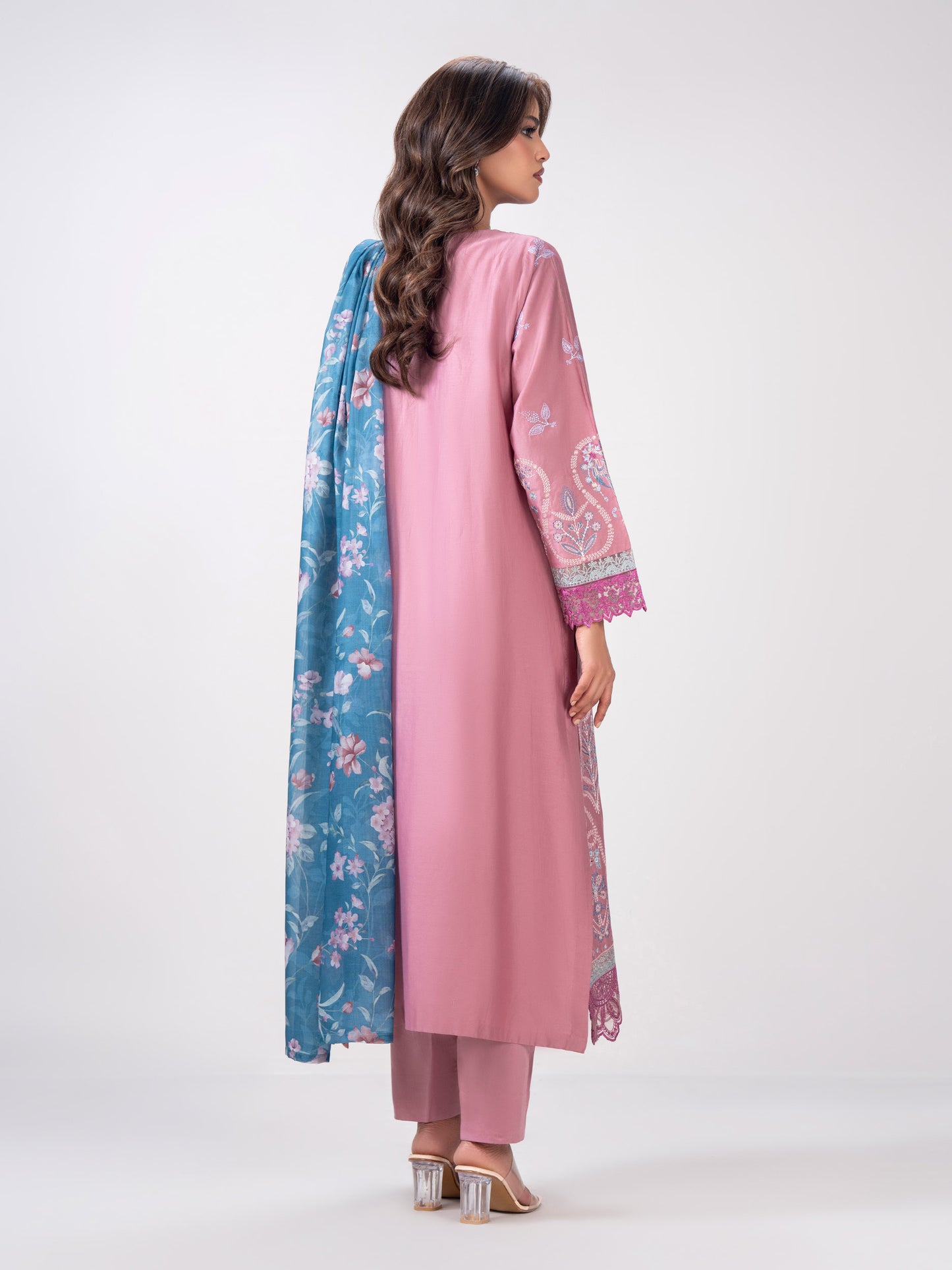 3 Piece Satin Suit- Embroidered (Pret)