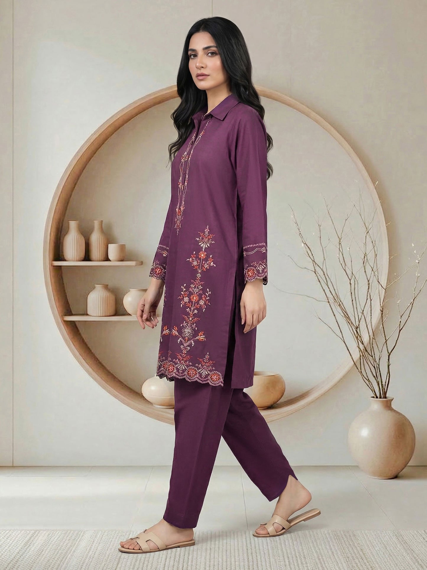 2 Piece Lawn Slub Suit- Embroidered (Pret)