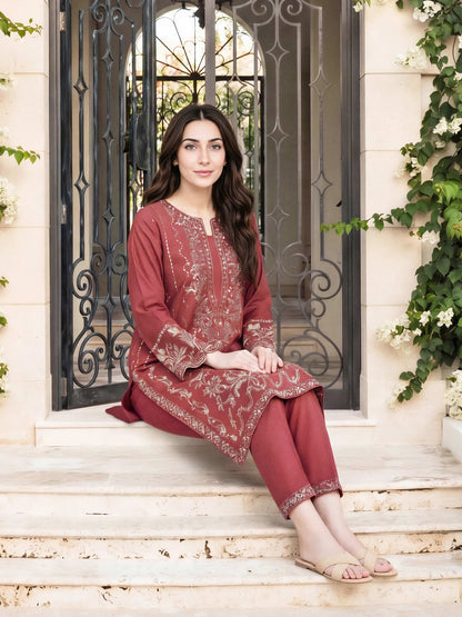 2 Piece Self Jacquard Suit- Embroidered (Pret)