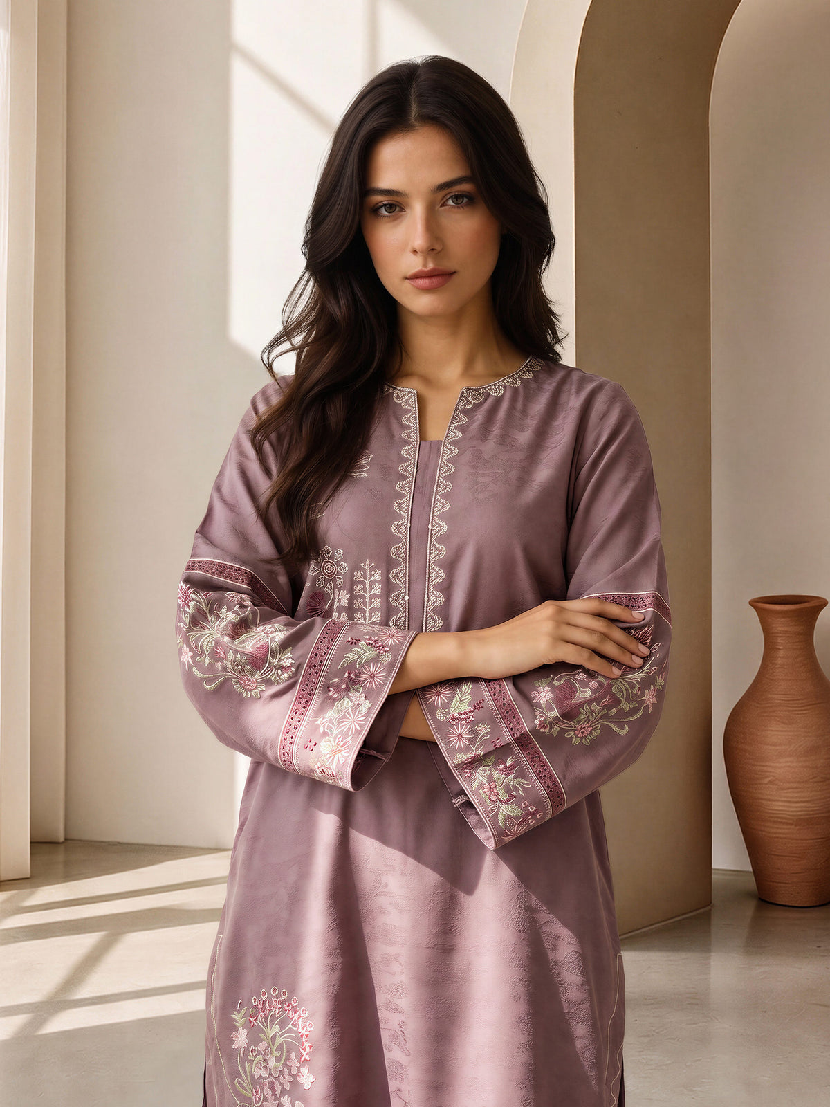 2 Piece Self Jacquard Suit- Embroidered (Pret)