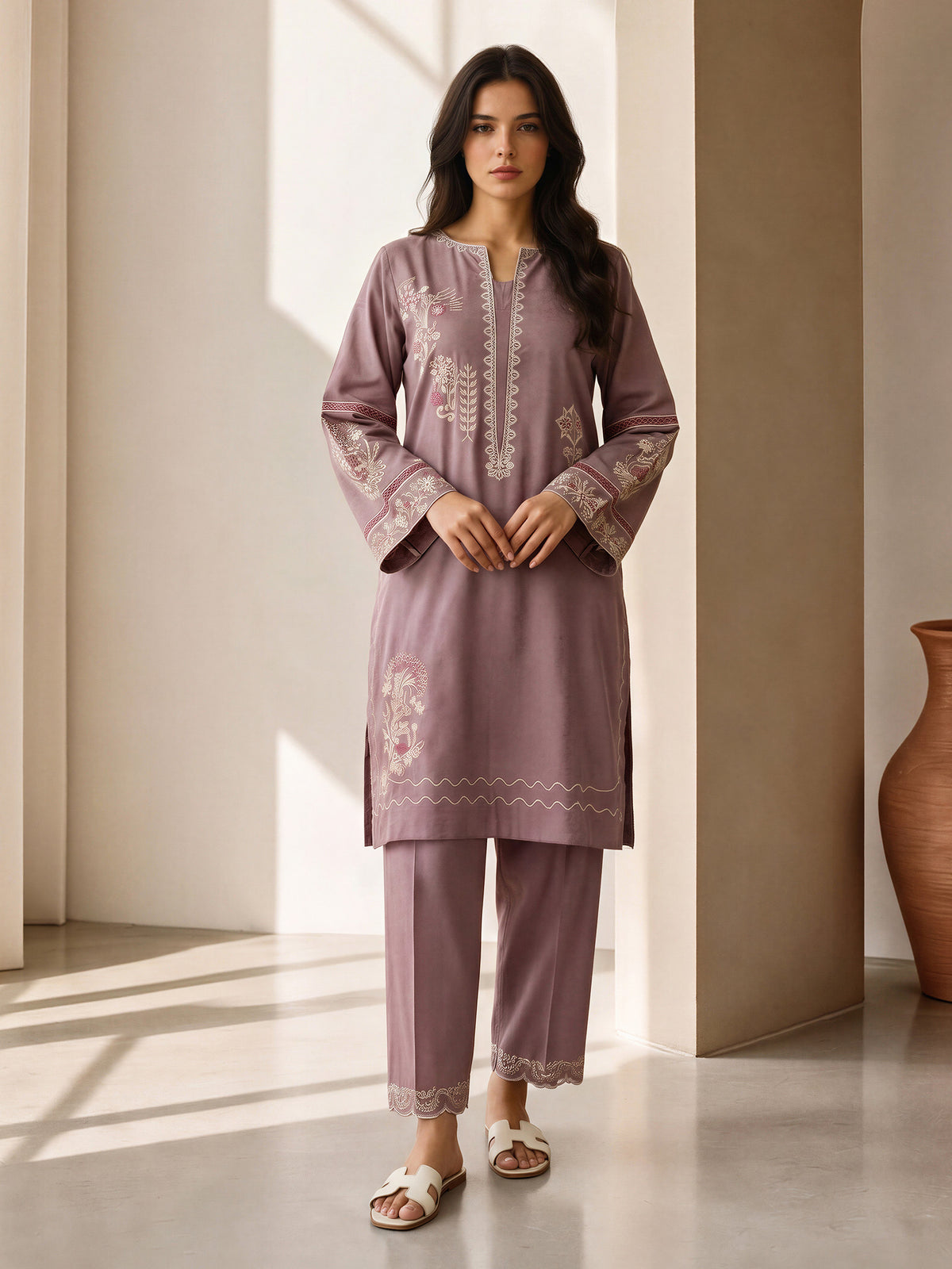 2 Piece Self Jacquard Suit- Embroidered (Pret)