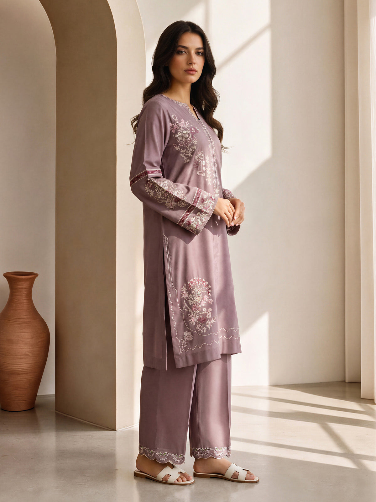 2 Piece Self Jacquard Suit- Embroidered (Pret)