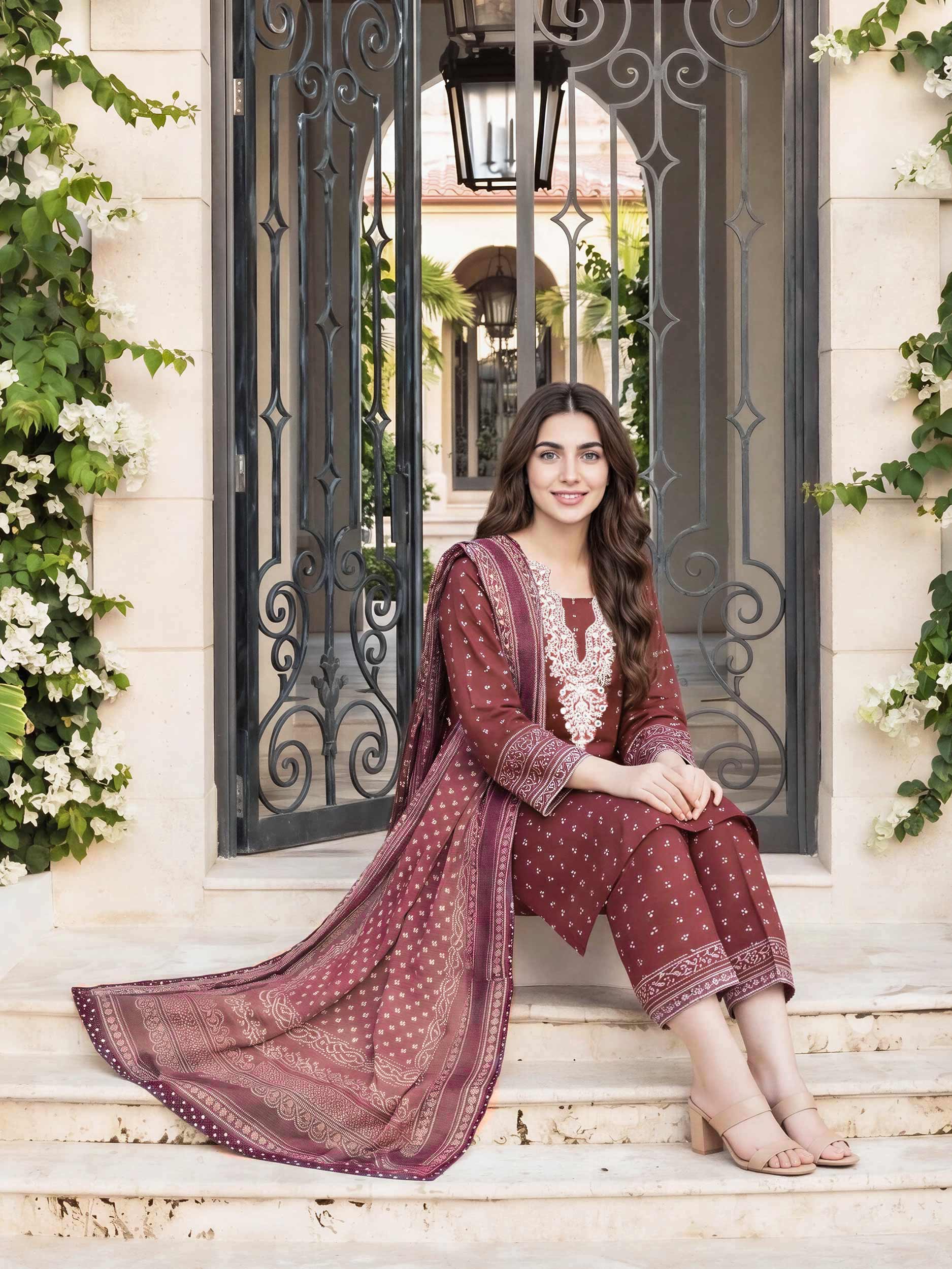 3 Piece Cambric Suit- Embroidered (Pret)