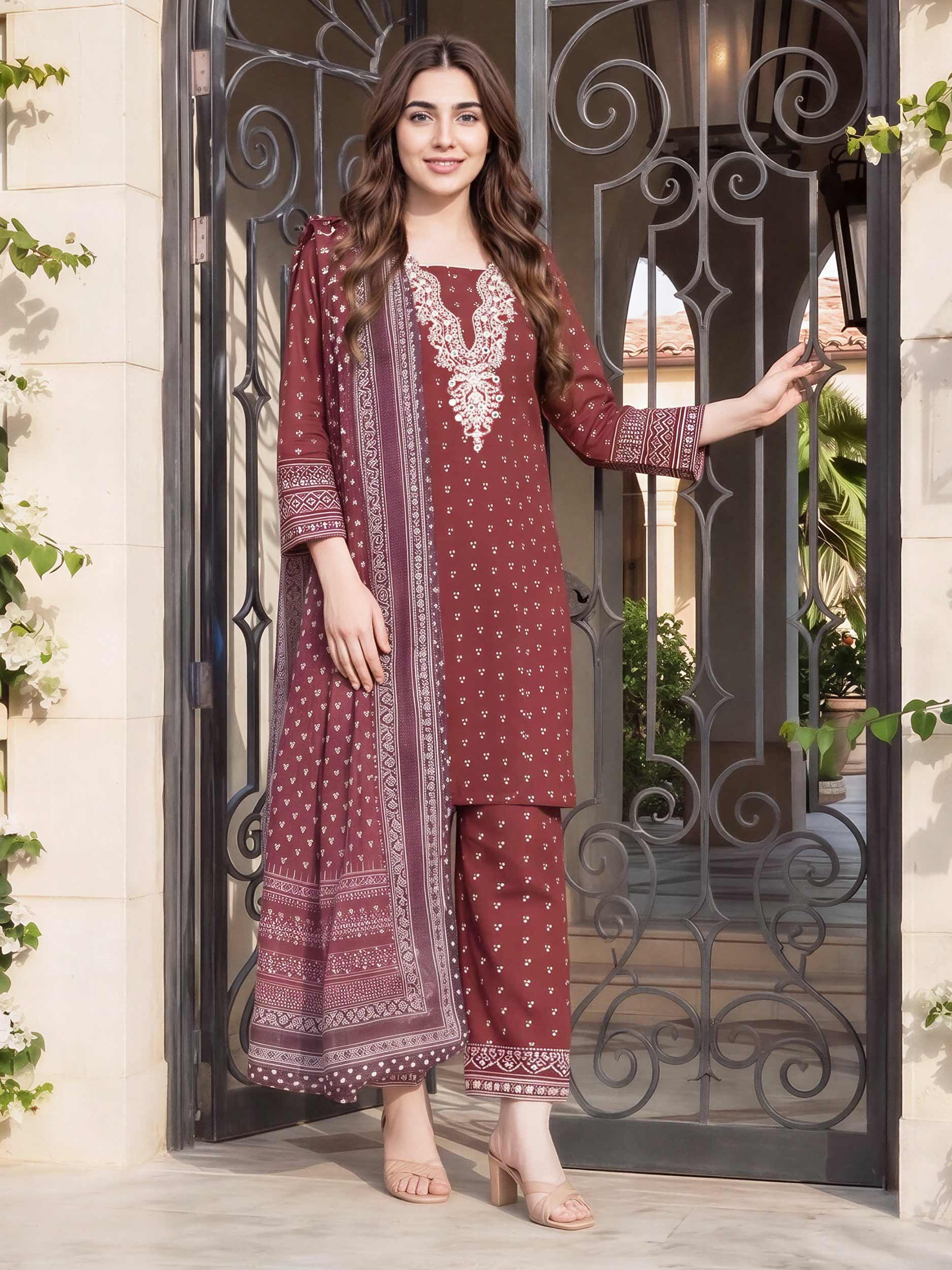 3 Piece Cambric Suit- Embroidered (Pret)
