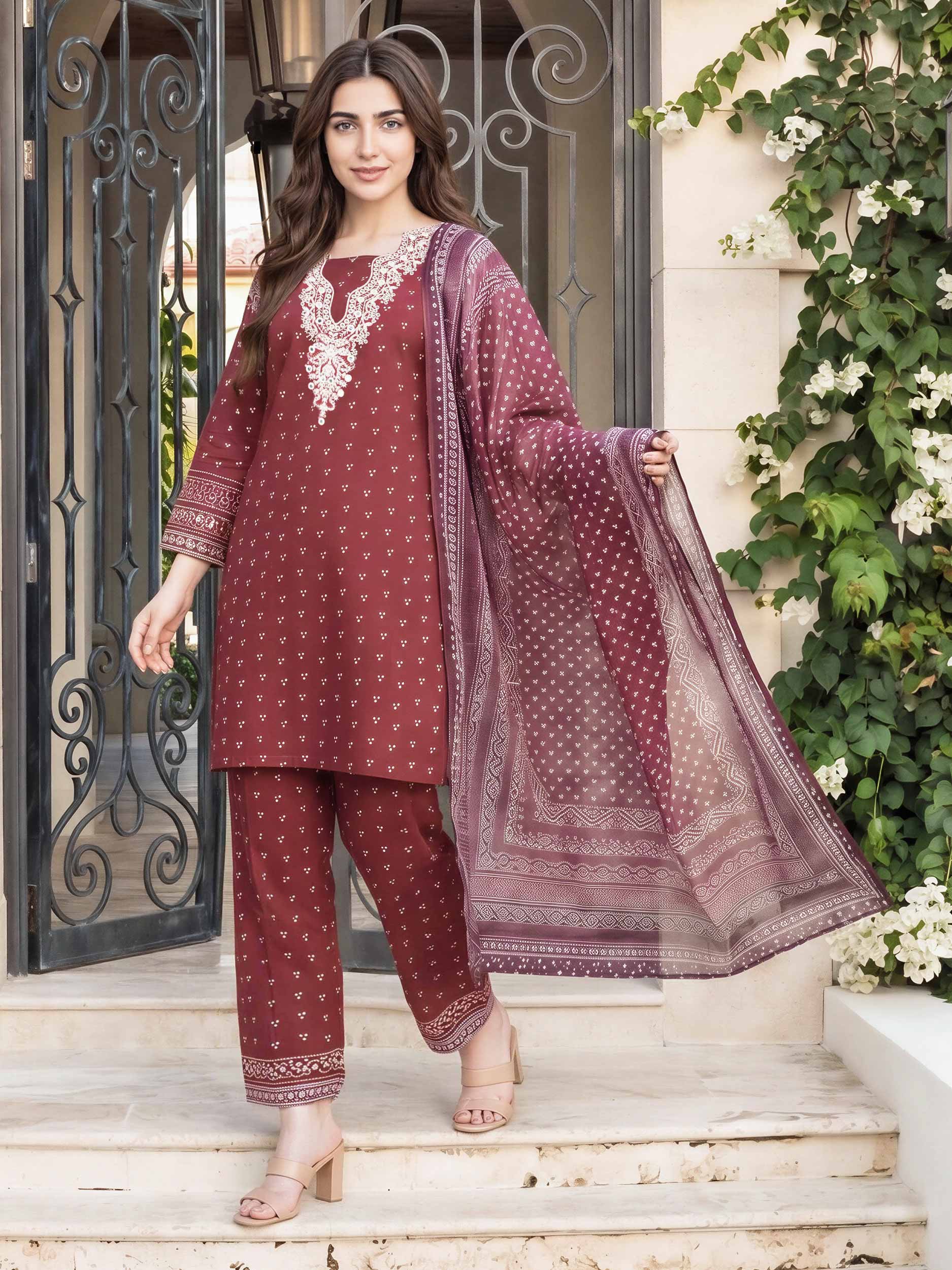 3 Piece Cambric Suit- Embroidered (Pret)