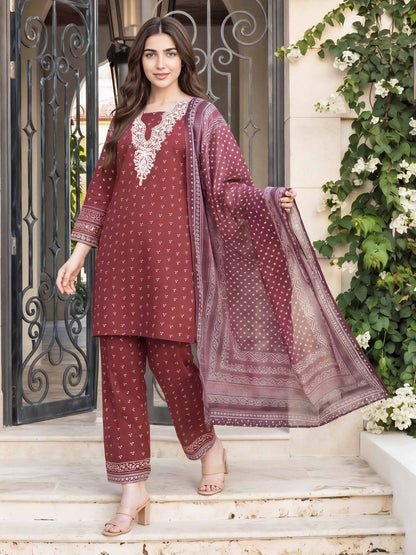 3 Piece Cambric Suit- Embroidered (Pret)