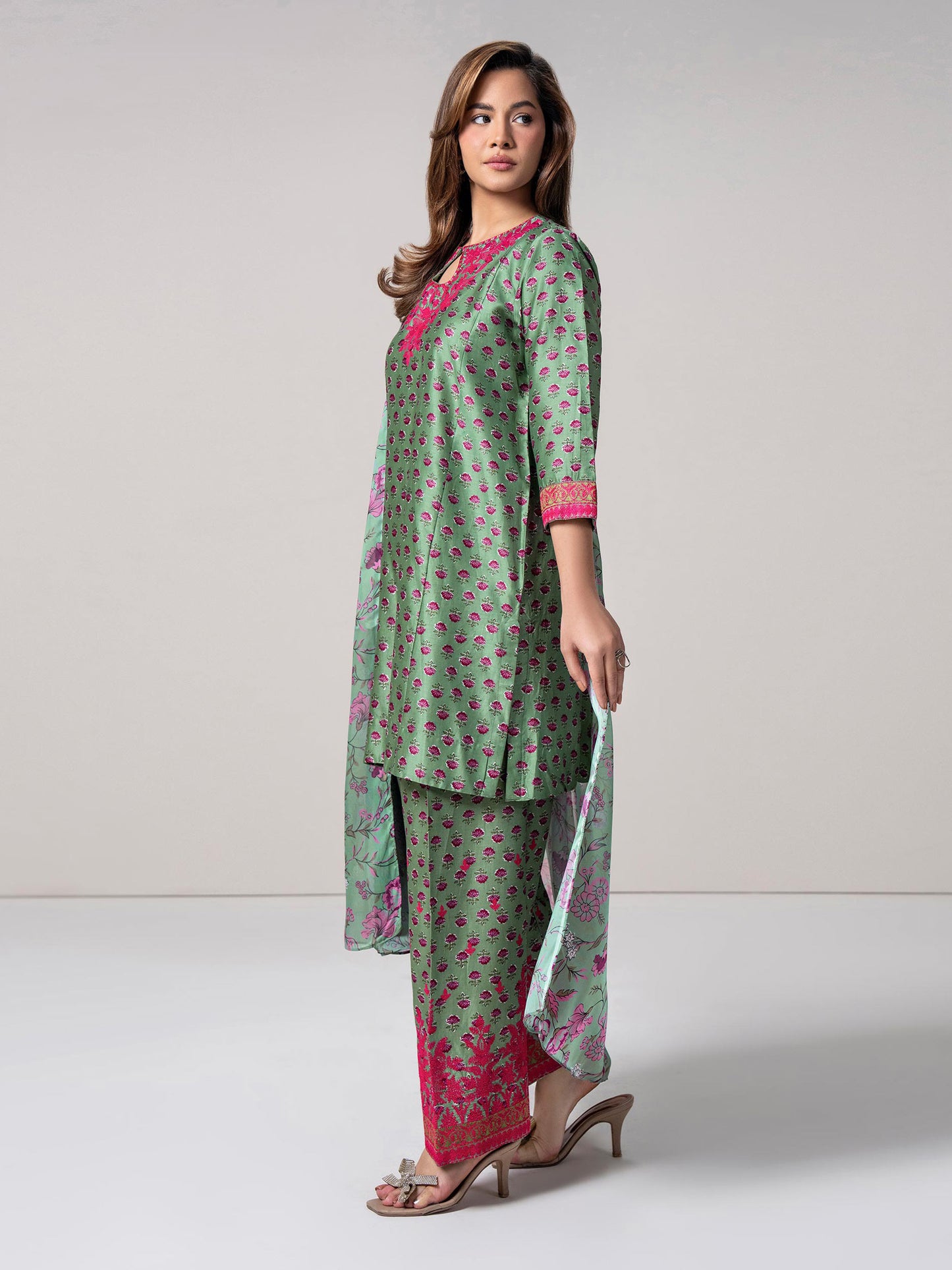 3 Piece Satin Suit- Embroidered (Pret)