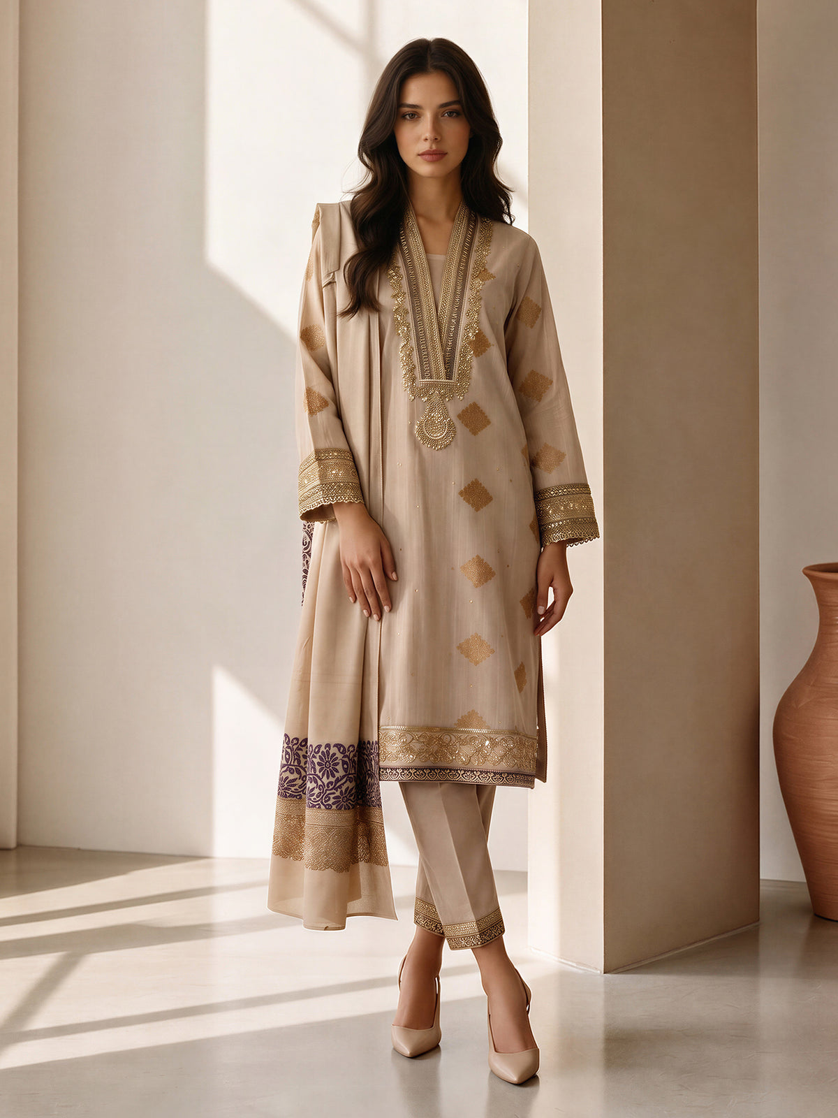 3 Piece Slub Khaddar Suit- Embroidered (Pret)