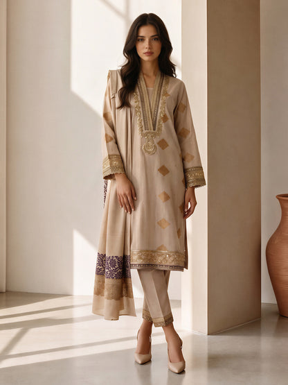3 Piece Slub Khaddar Suit- Embroidered (Pret)