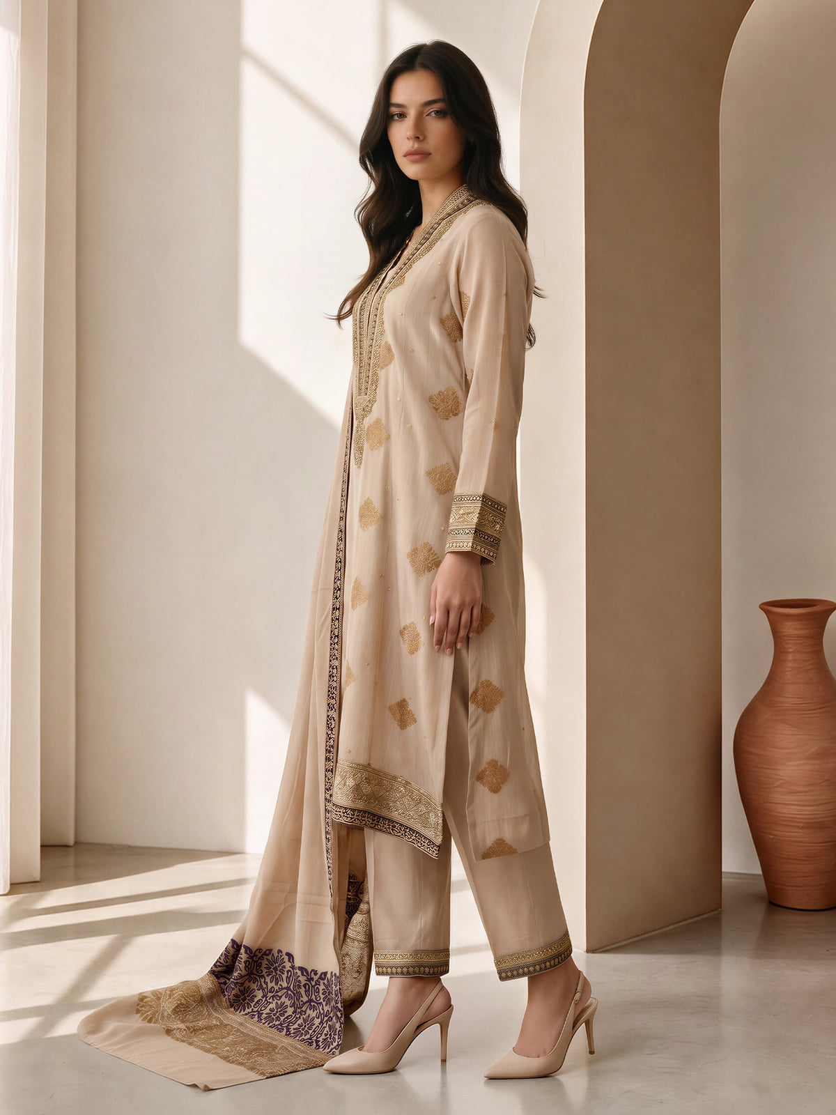 3 Piece Slub Khaddar Suit- Embroidered (Pret)