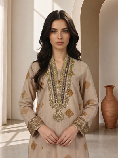 3 Piece Slub Khaddar Suit- Embroidered (Pret)