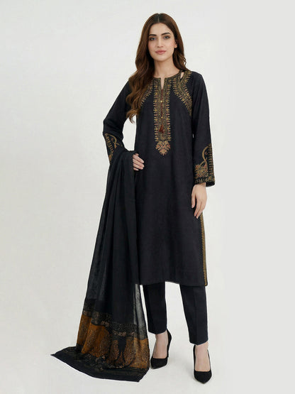 3 Piece Self Jacquard Suit- Embroidered (Pret)