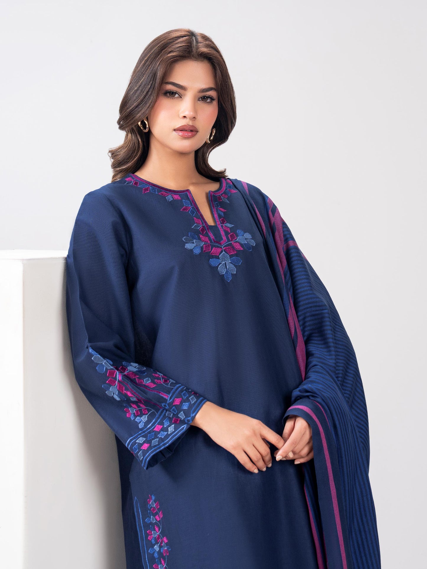 3 Piece Slub Khaddar Suit- Embroidered (Pret)