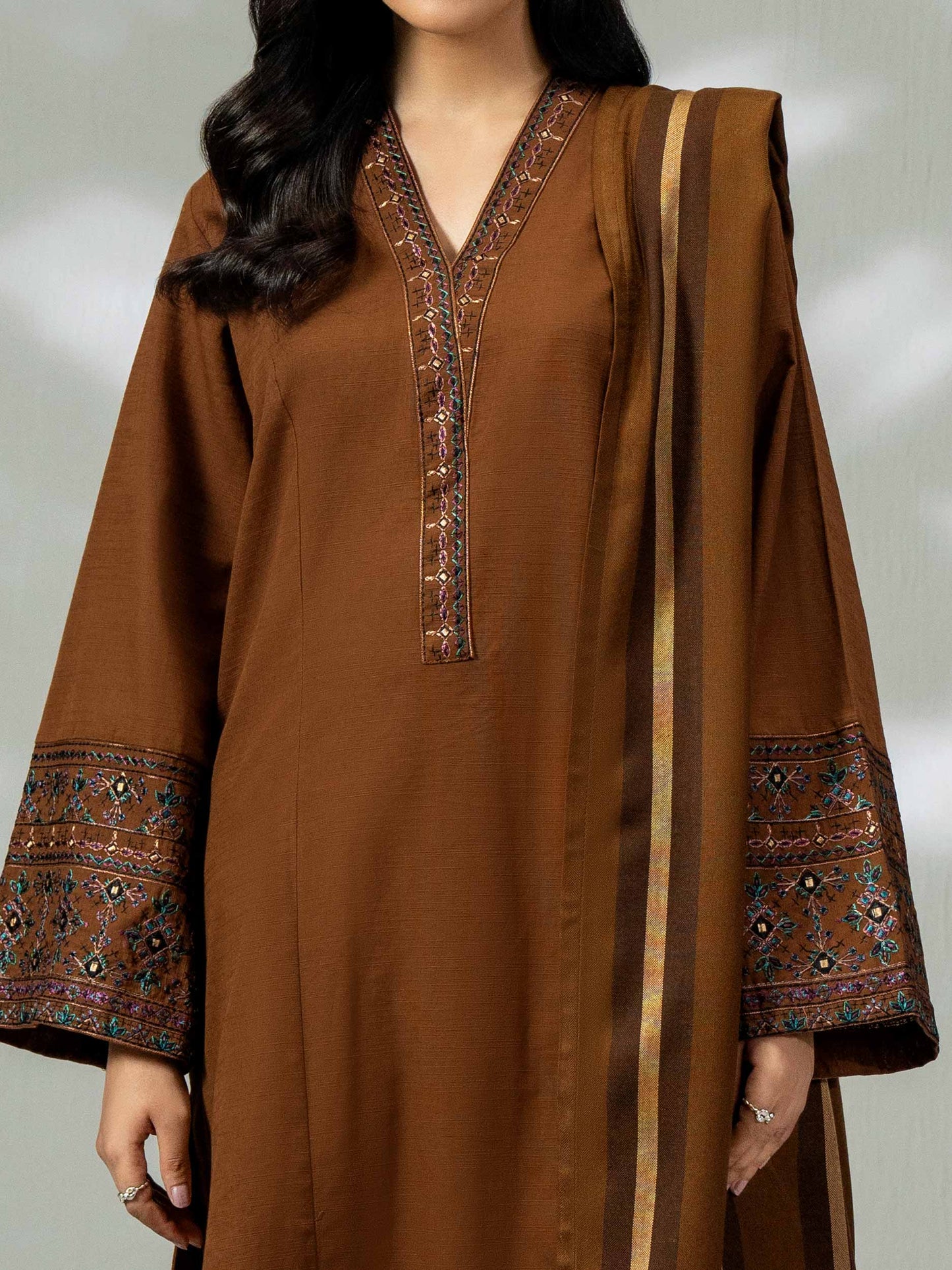 3-Piece Slub Khaddar Suit- Embroidered (Pret)