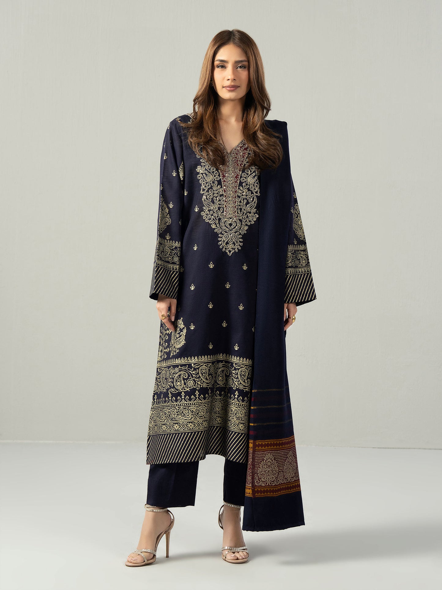 3 Piece Slub Khaddar Suit- Embroidered (Pret)