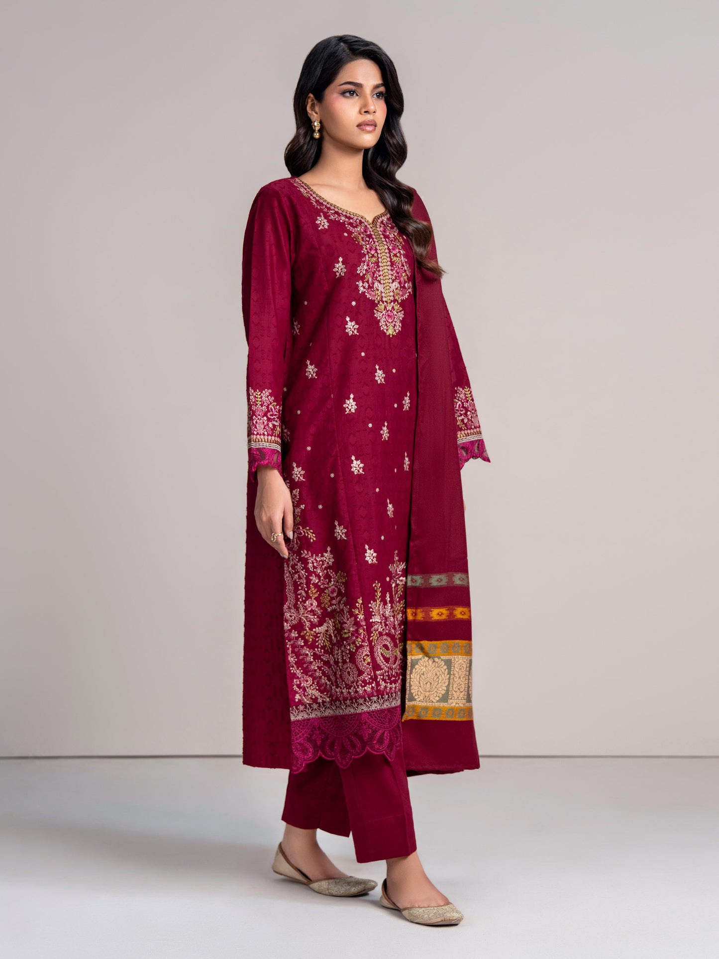 3 Piece Self Jacquard Suit- Embroidered (Pret)