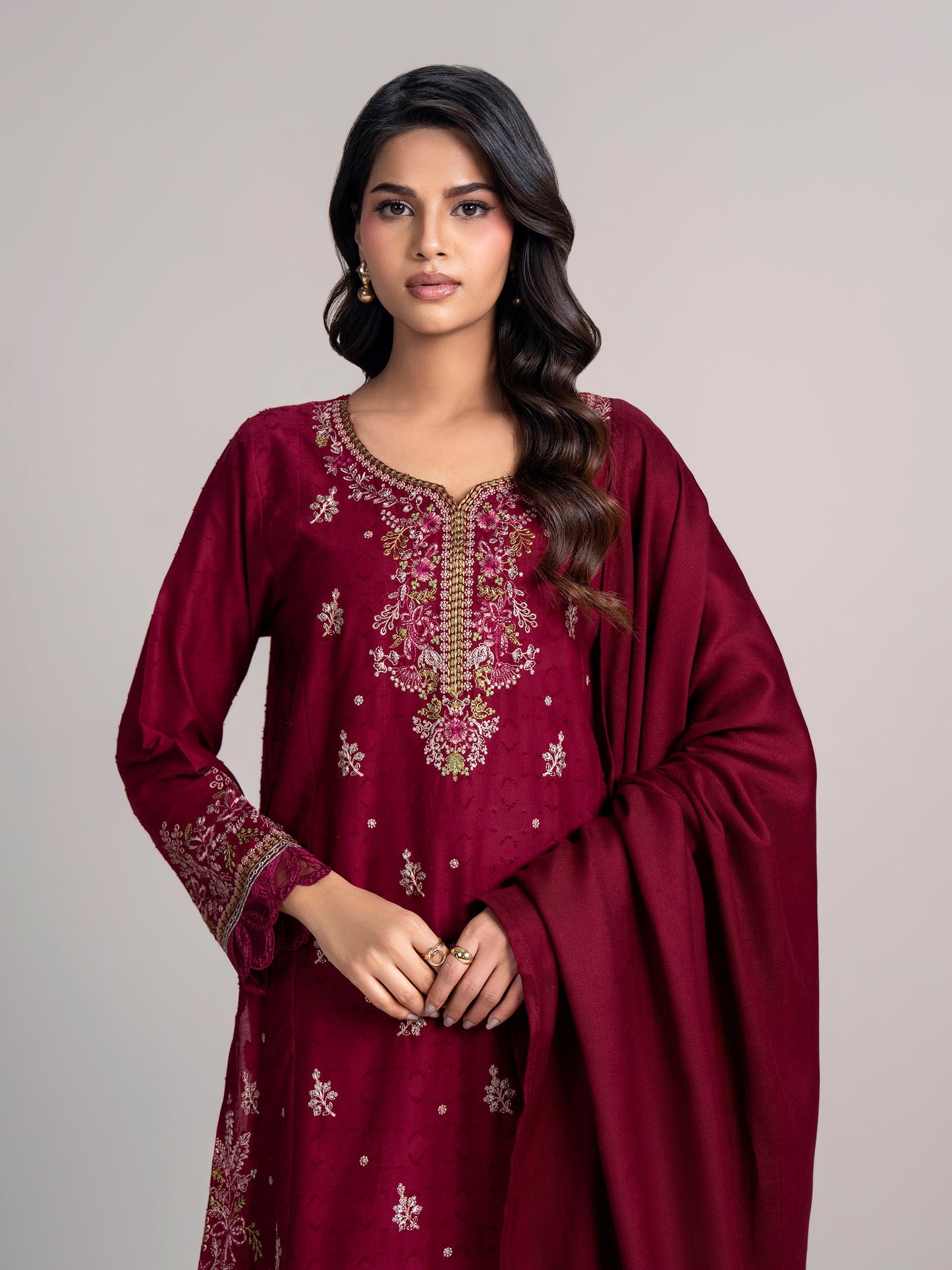3 Piece Self Jacquard Suit- Embroidered (Pret)