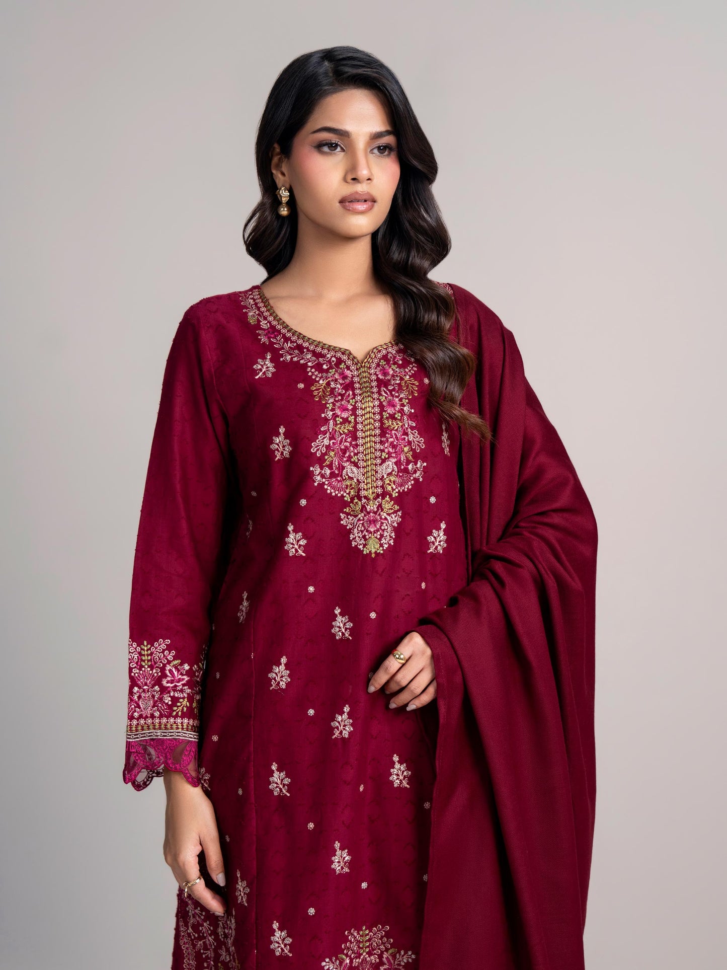 3 Piece Self Jacquard Suit- Embroidered (Pret)