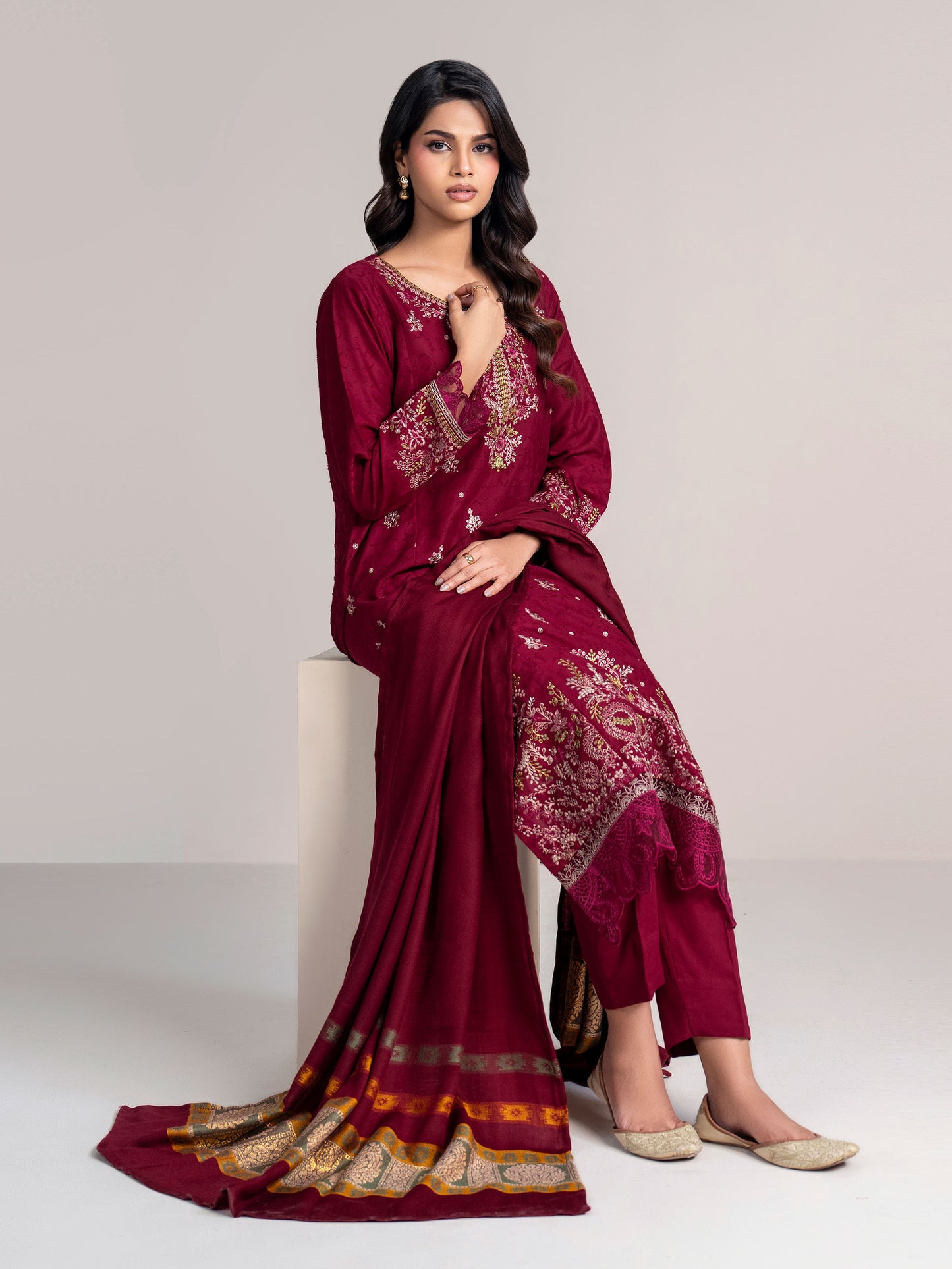 3 Piece Self Jacquard Suit- Embroidered (Pret)