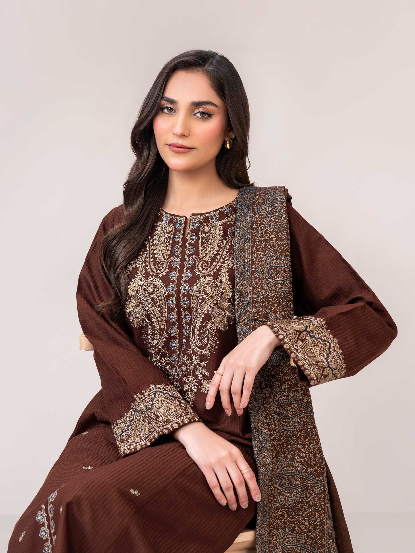 3 Piece Dobby Suit- Embroidered (Pret)