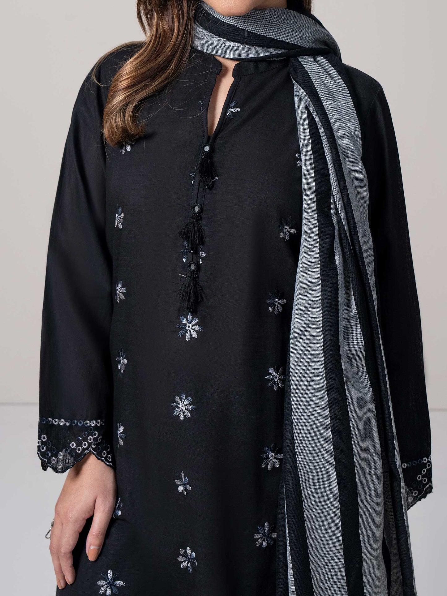 3 Piece Slub Khaddar Suit- Embroidered (Pret)