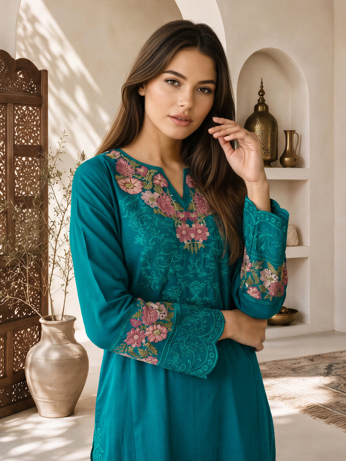 3 Piece Slub Khaddar Suit- Embroidered (Pret)