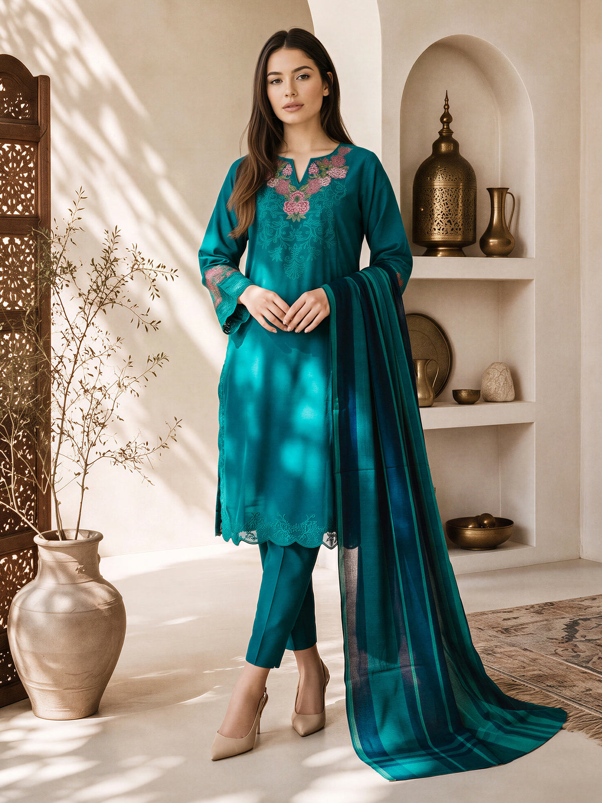 3 Piece Slub Khaddar Suit- Embroidered (Pret)