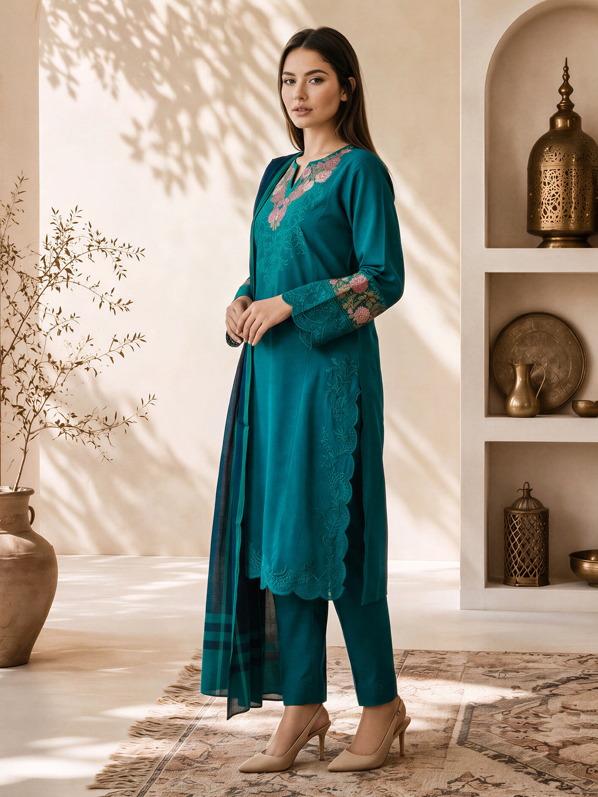 3 Piece Slub Khaddar Suit- Embroidered (Pret)