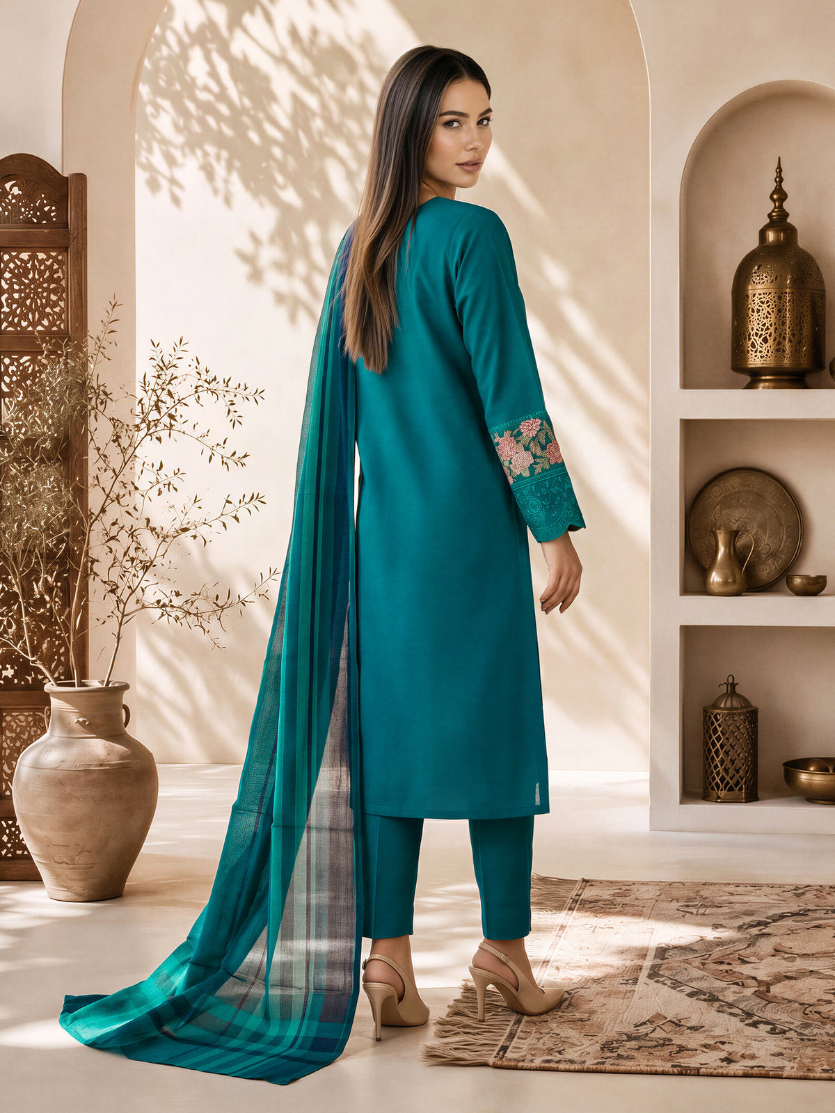 3 Piece Slub Khaddar Suit- Embroidered (Pret)