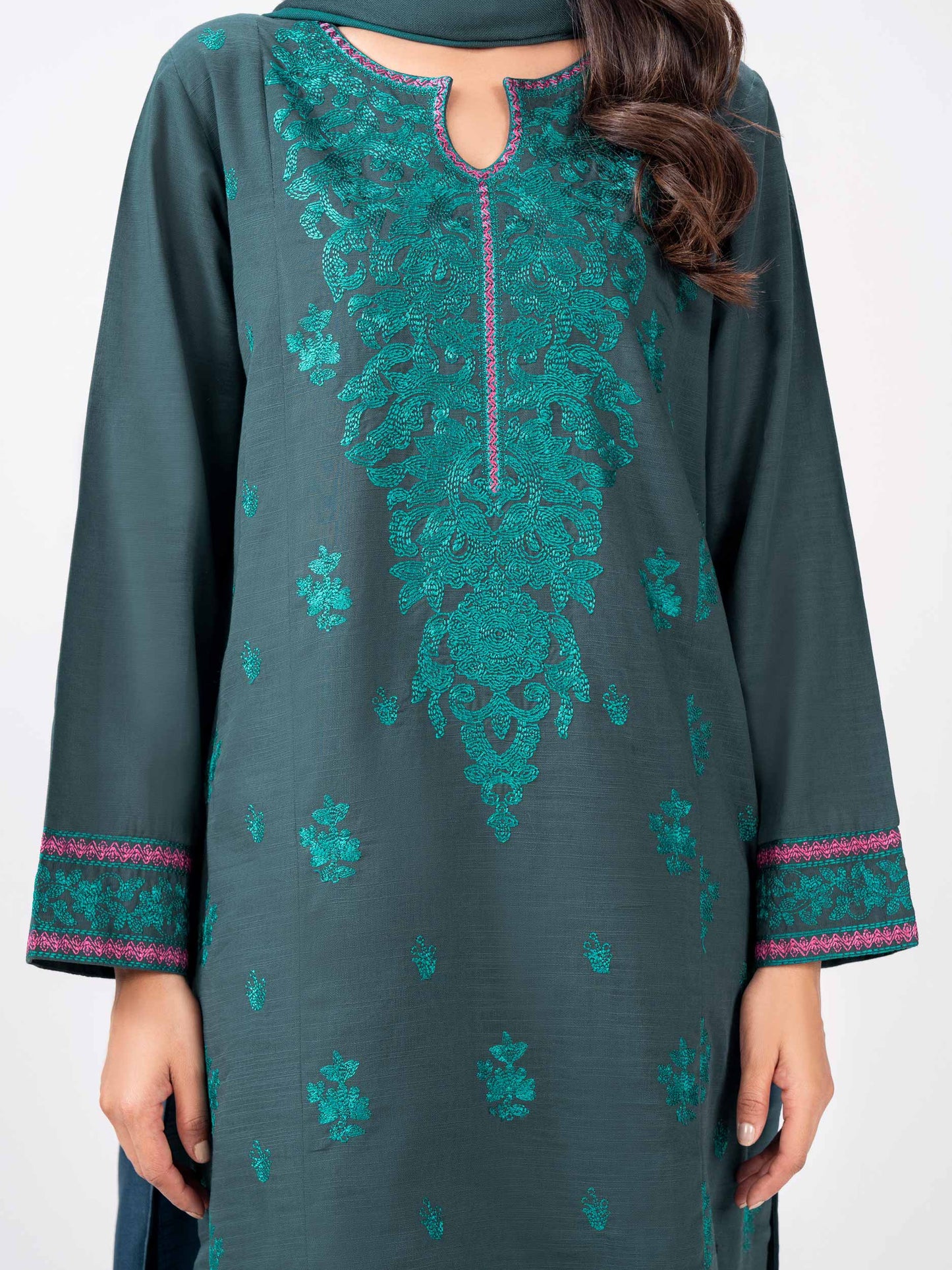 3 Piece Slub Khaddar Suit- Embroidered (Pret)