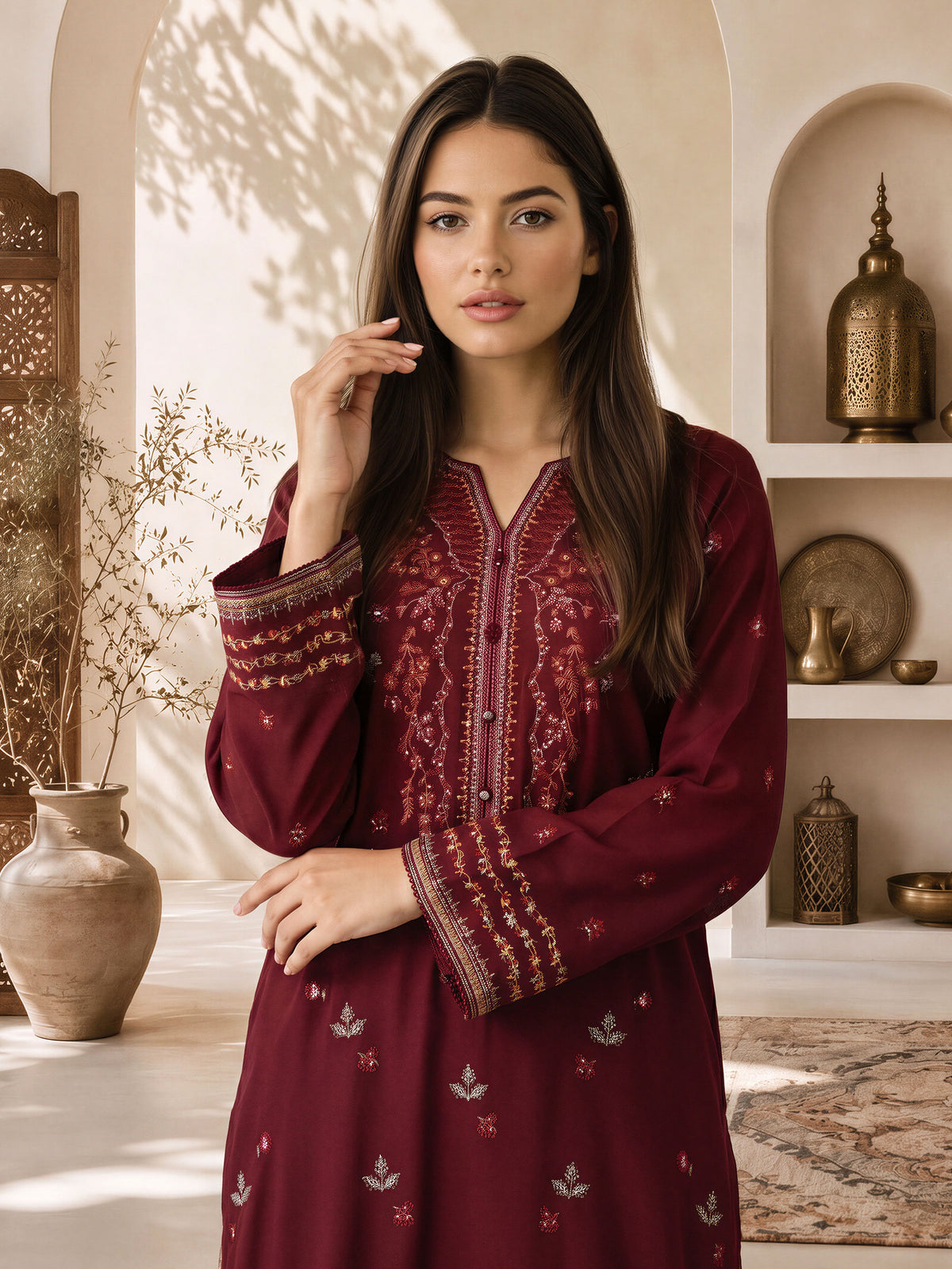 3 Piece Karandi Suit- Embroidered (Pret)