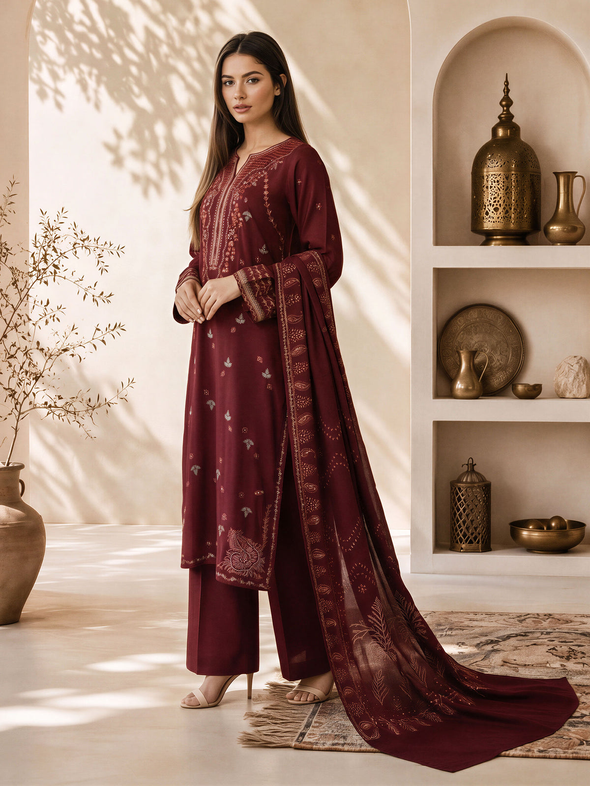 3 Piece Karandi Suit- Embroidered (Pret)