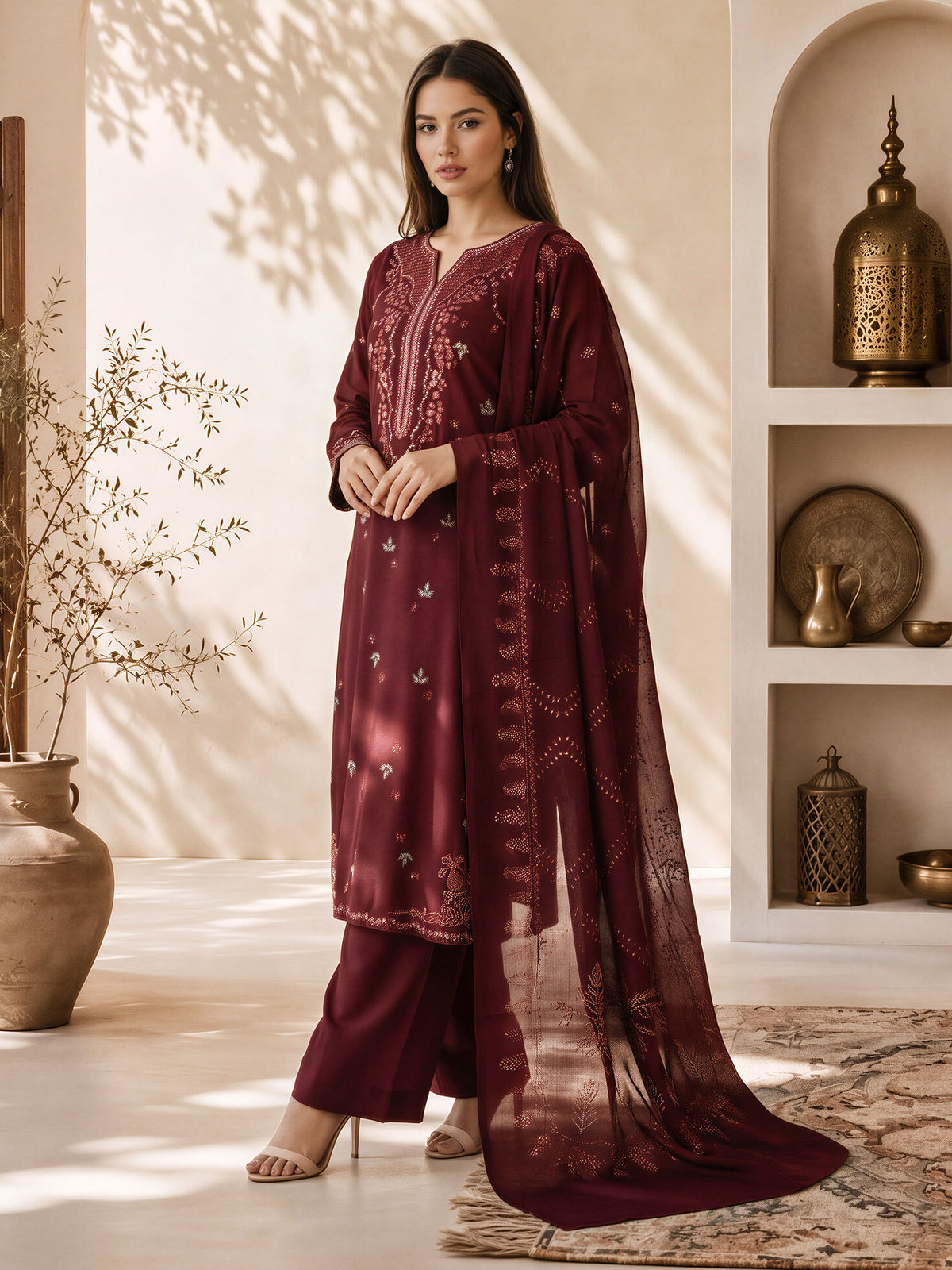 3 Piece Karandi Suit- Embroidered (Pret)