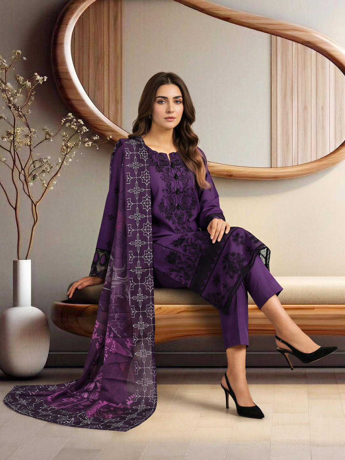 3 Piece Silk Premium Suit- Embroidered (Pret)