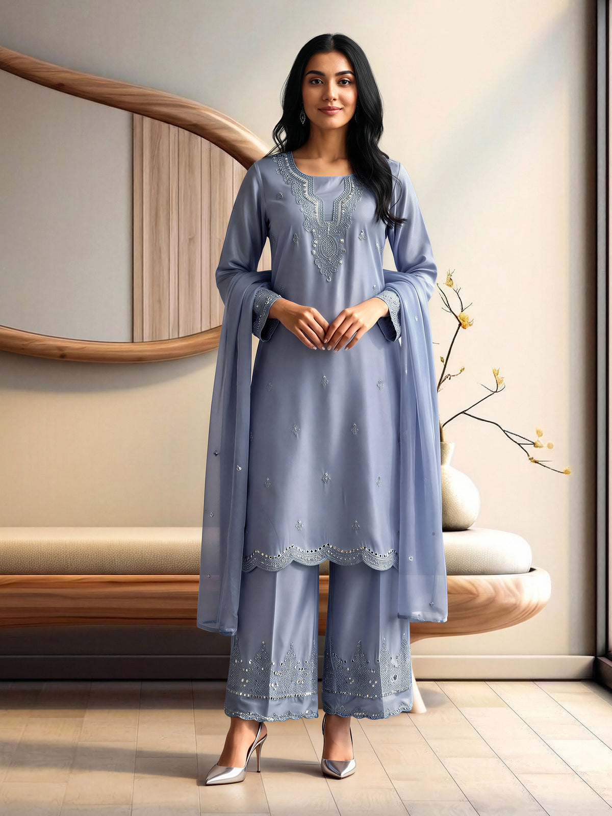 3 Piece Silk Premium Suit- Embroidered (Pret)