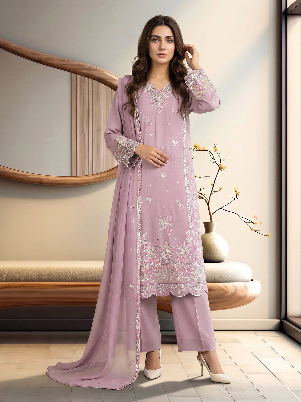 3 Piece Silk Premium Suit- Embroidered (Pret)