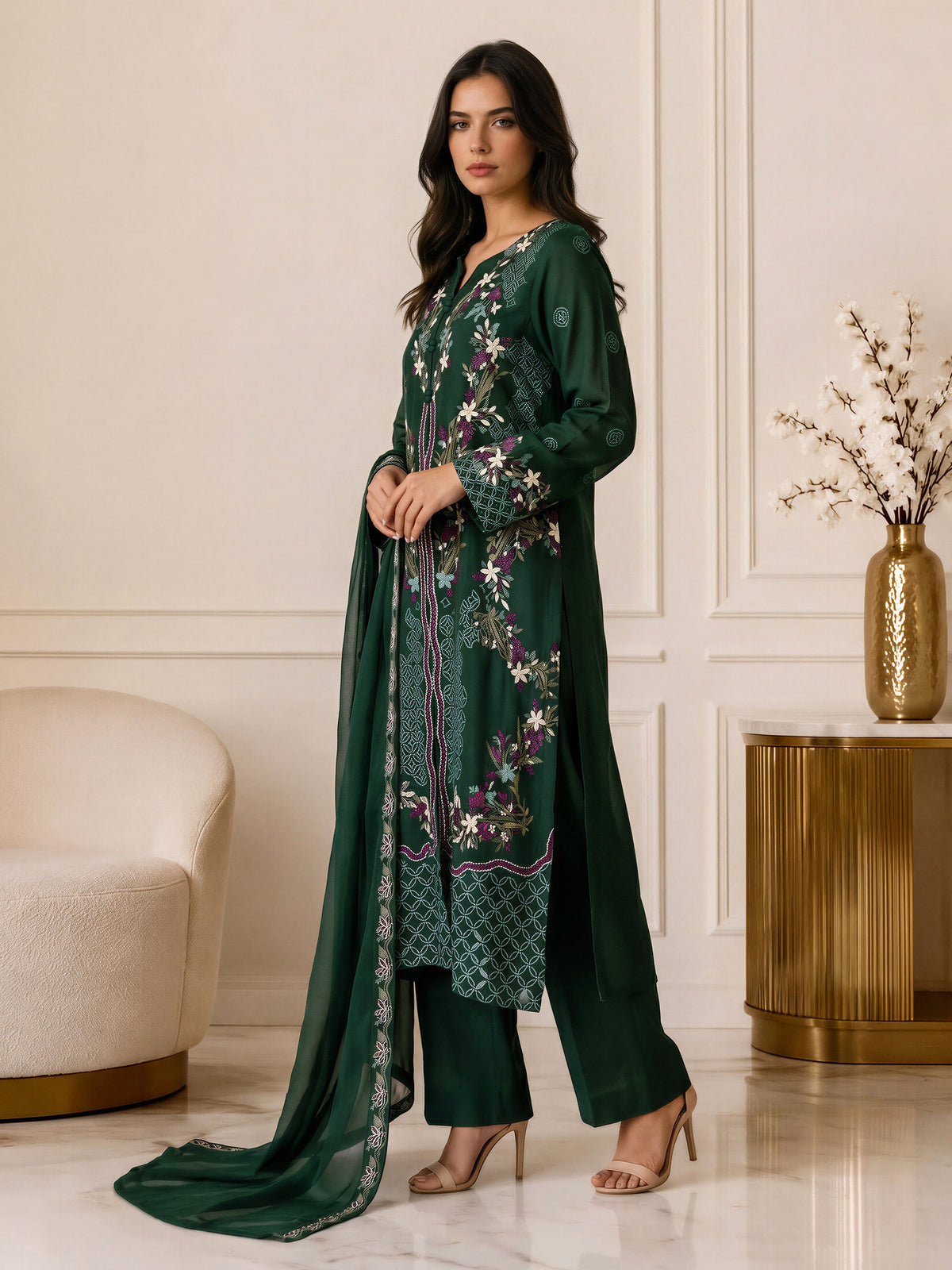3 Piece Crepe Suit- Embroidered (Pret)