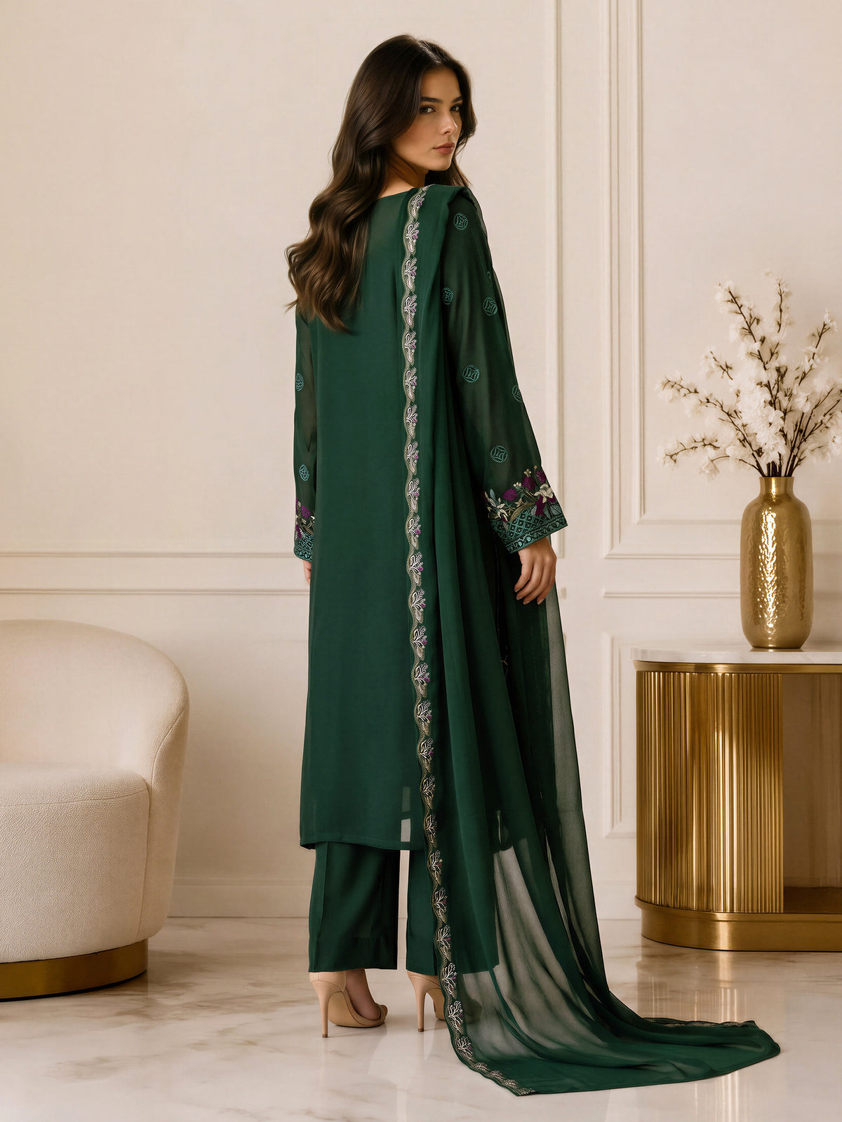 3 Piece Crepe Suit- Embroidered (Pret)