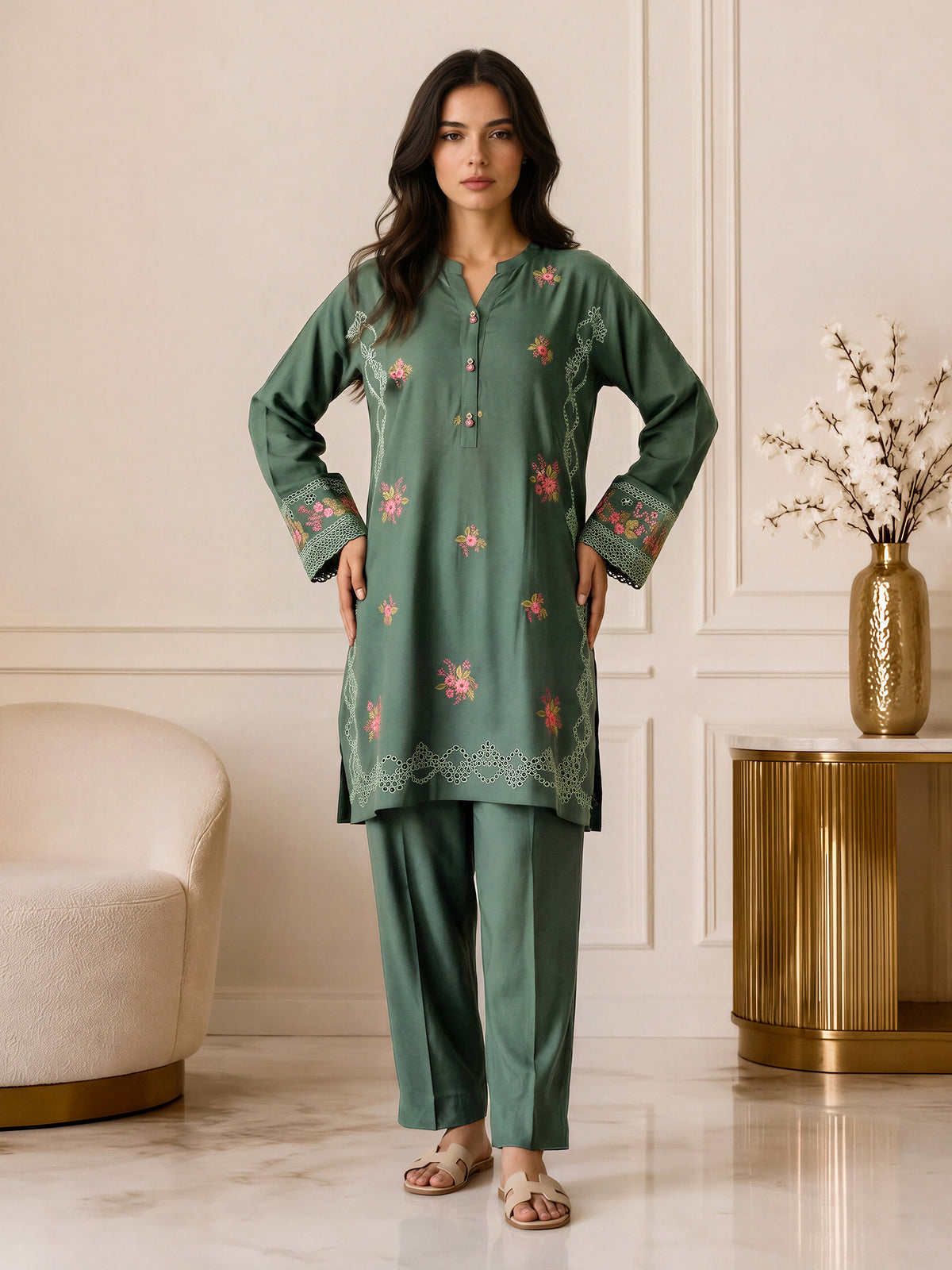 2 Piece Blended Marina Suit- Embroidered (Pret)
