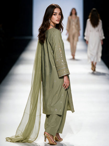 3 Piece Khaddi Silk Suit- Embroidered (Pret)