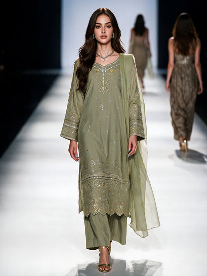 3 Piece Khaddi Silk Suit- Embroidered (Pret)