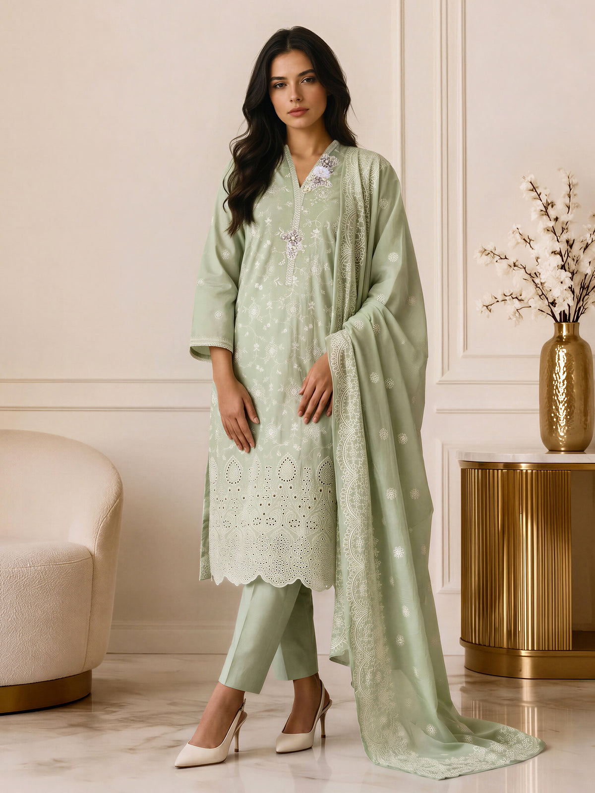 3 Piece Dobby Suit- Embroidered (Pret)
