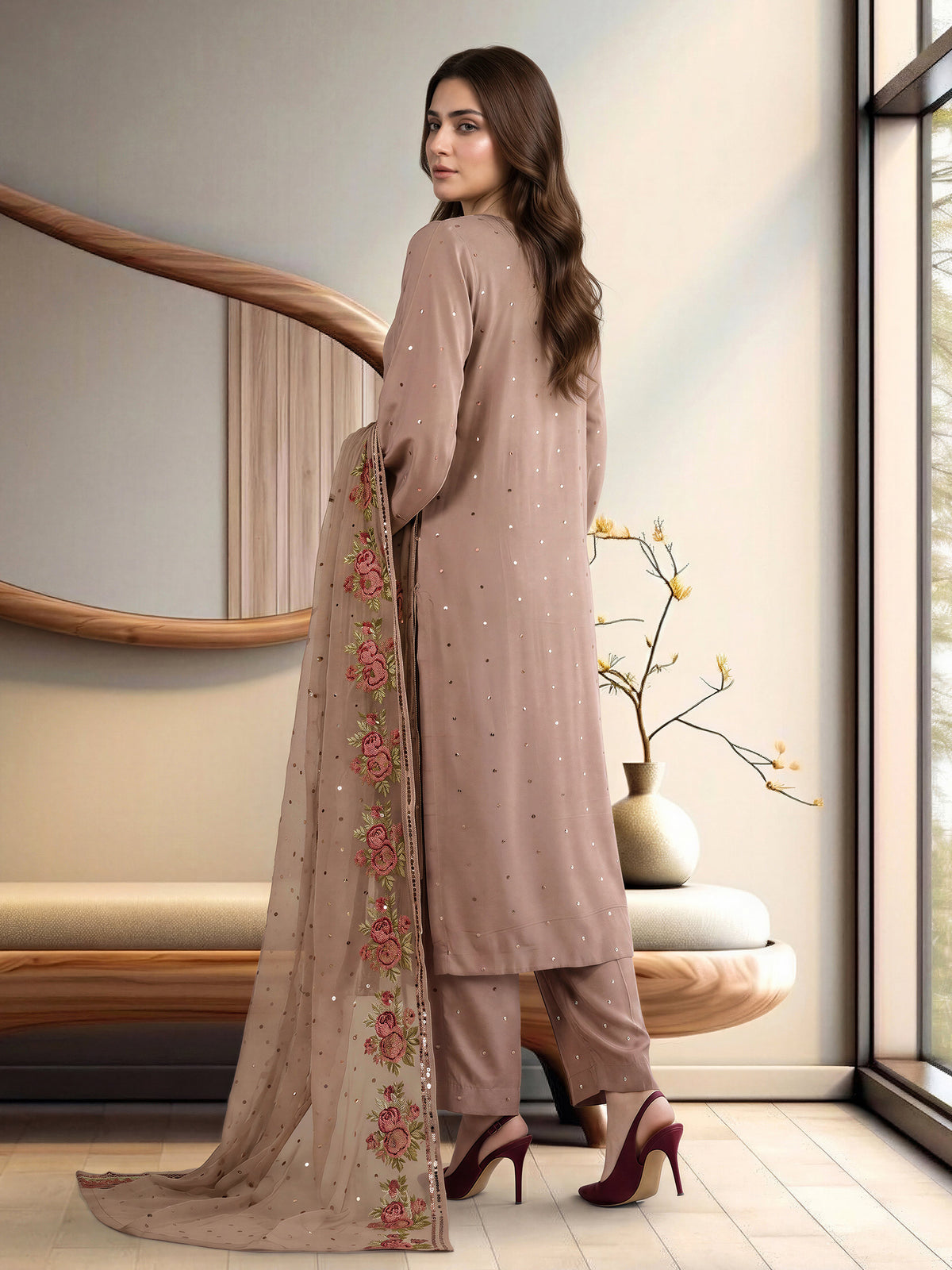 3 Piece Crepe Suit- Embroidered (Pret)