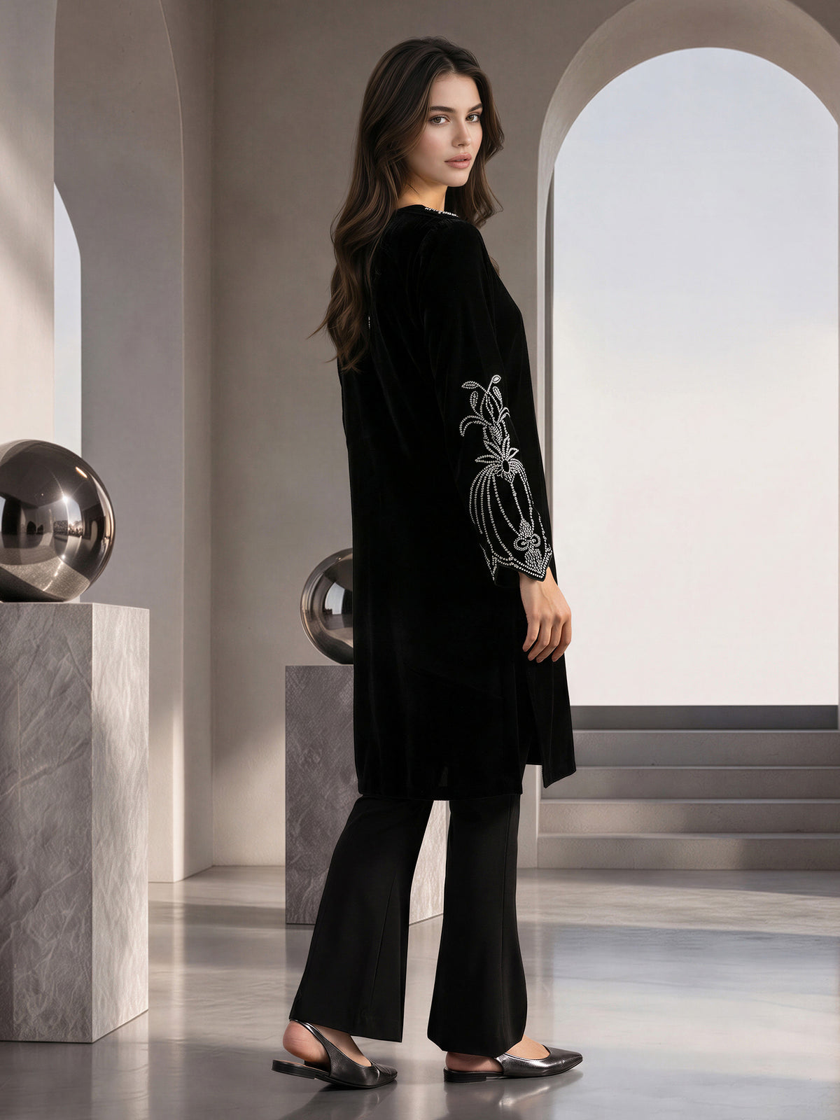 2 Piece Velvet Shimmer Suit- Embellished (Pret)