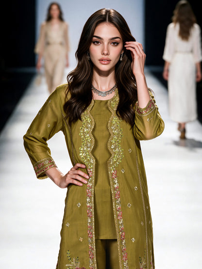 2 Piece Raw Silk Suit- Embroidered (Pret)