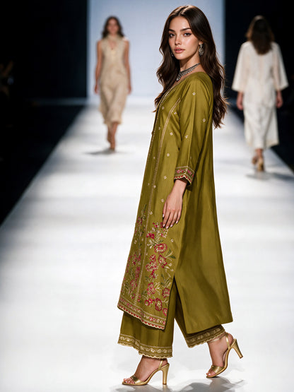 2 Piece Raw Silk Suit- Embroidered (Pret)